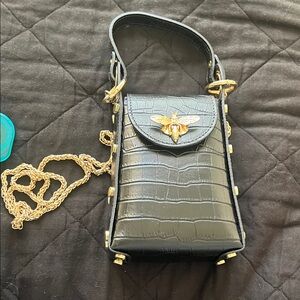 Black Croc-Embossed Bag with Gold Accents